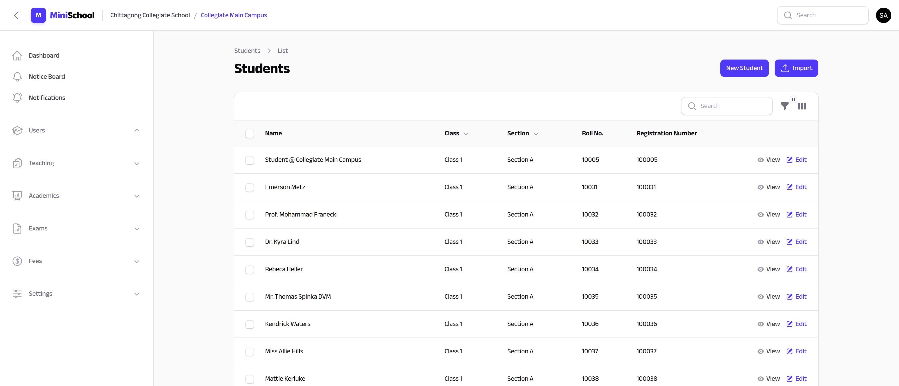 MiniSchool admin dashboard showing attendance, fees, and exam management